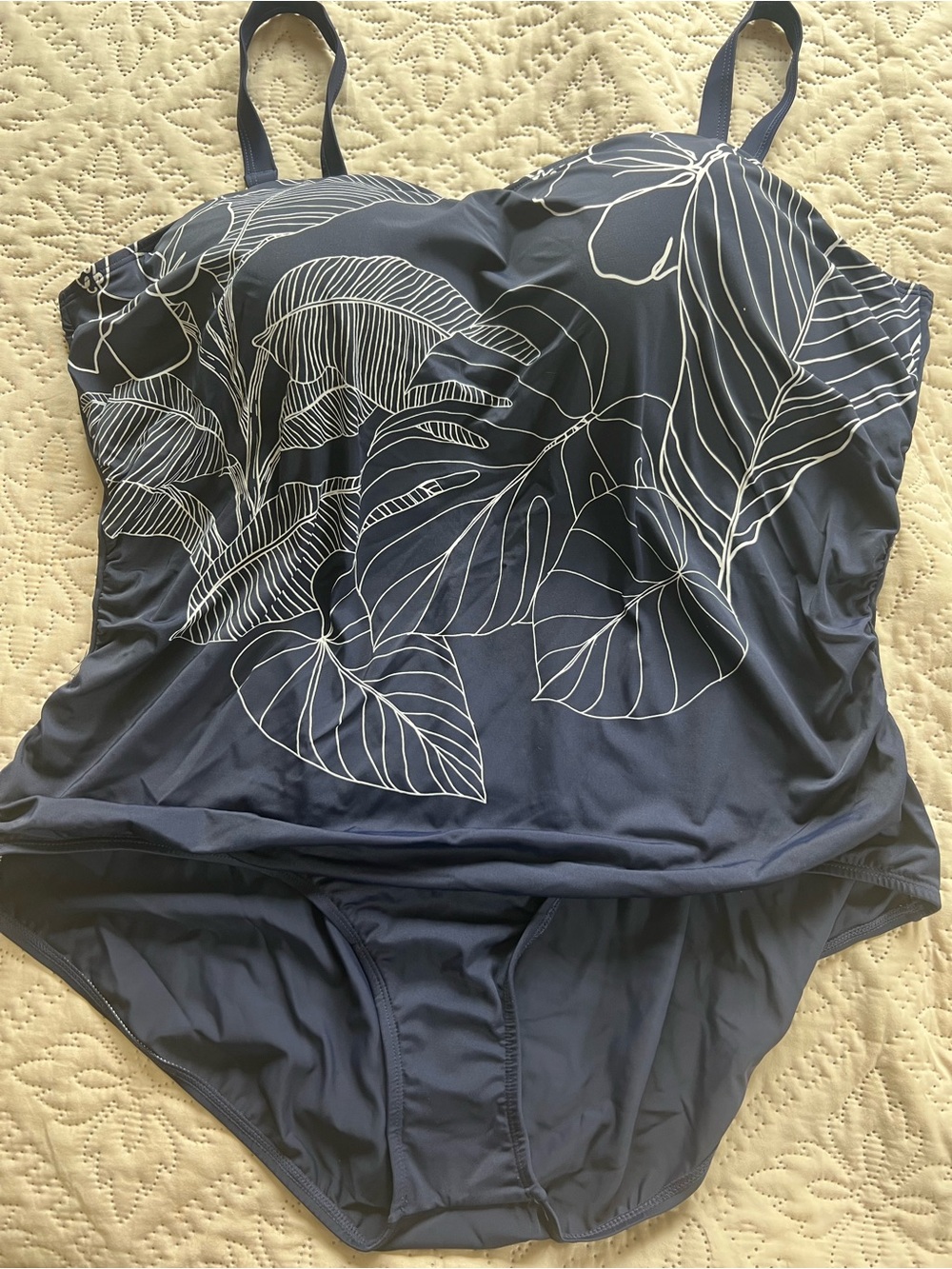 Jantzen Navy One-Piece Swimsuit with White Leaf Print